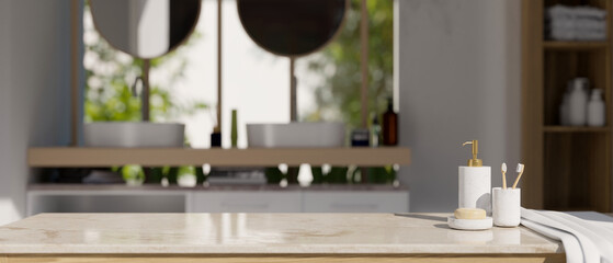 Luxury marble tabletop with bath accessories and copy space over blurred modern bathroom
