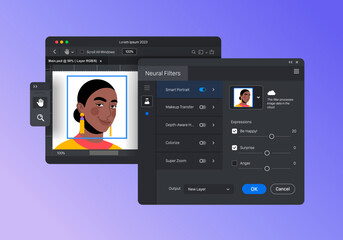 Neural Filters in raster graphics editor. Toolbar. Software for creating retouching and digital art