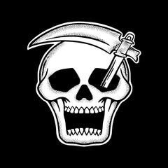 Skull art vintage Illustration hand drawn black and white vector for tattoo, sticker, logo etc
