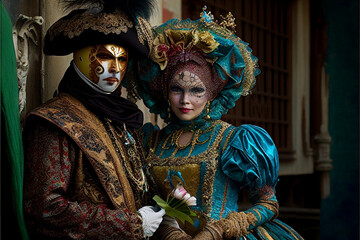 Fototapeta na wymiar People with carnival mask in Venice. Feast of masks and strange costumes..