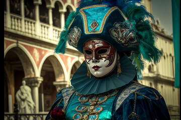 Fototapeta na wymiar People with carnival mask in Venice. Feast of masks and strange costumes..