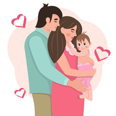 Happy family concept. Concept of warm love. Pregnancy and motherhood. Vector illustration in a flat style. The parents are holding the newborn. Happy family portrait.