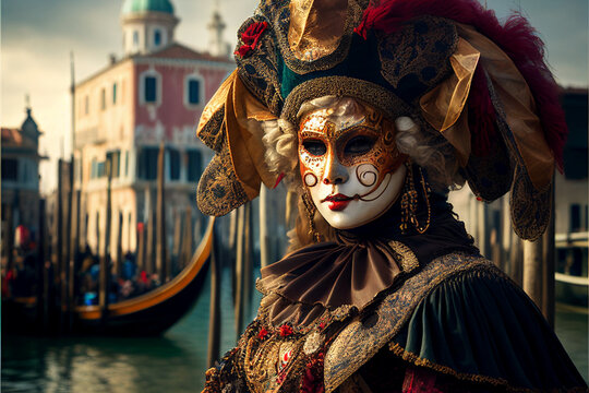 People with carnival mask in Venice. Feast of masks and strange costumes..