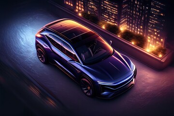 Naklejka premium Aerial view of navy modern electric car in the night. Street lights. Generative art