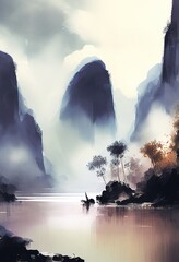 Beautiful river in the mountains, landscape inspired by Vietnam, Laos and China, beautiful abstract painting. Generative art