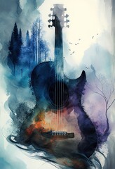Silhouette of guitar and trees, beautiful abstract painting. Generative art