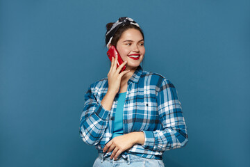 Plus Size Woman Calling Smartphone. Chubby Girl Smiling And Talking Cellphone, Chatting, Enjoying...