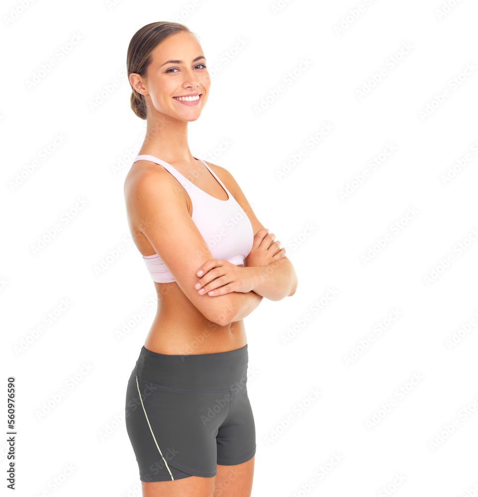 Canvas Prints Fitness, portrait and woman with arms crossed in studio ready for workout, exercise or training. Face, sports and confident female athlete preparing for running isolated on a white background mock up