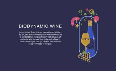A bottle and a glass of wine in a frame with a grape and  bubbles of different shape representing magic approach under manufacturing of biodynamic wines. Concept of natural and biodynamic wines.