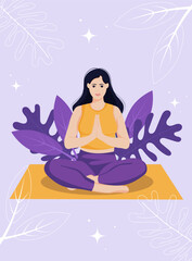 Fototapeta na wymiar Woman sitting in yoga pose. Mental health awareness month poster