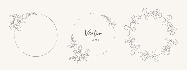 Hand drawn floral frame with branches and leaves in line art style. Wreath. Elegant logo template. Vector illustration for labels, branding business identity, wedding invitation