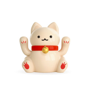 Cute 3d beckoning maneki neko. Japanese lucky cat icon. Symbol wealth,fortune, lucky. Asian design element isolated. Cartoon vector illustration