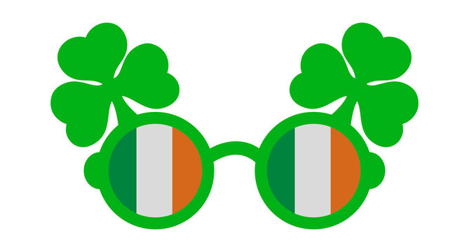 Green Glasses With A Three-leaf Clover And The Coloring Of The Irish Flag. St. Patrick's Day Symbol And Paraphernalia. Vector Illustration