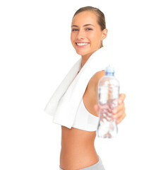 Fitness woman giving water bottle in studio for health, wellness and training motivation or offer....