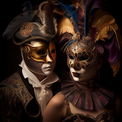 Dancing people at masquerade ball. People in masquerade masks..