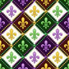 Geometric pattern with fleur de lis symbol. Diagonal chesquare grid. Illustration for Mardi Gras carnival. Vintage illustration for prints, clothing, holiday, surface design © OA_Creation