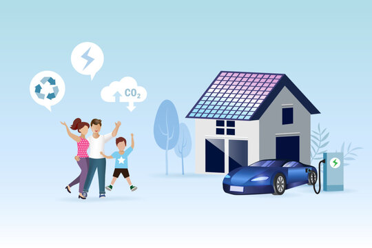 Family with solar roof house and ev car. Alternative energy for sustainable environment. Reuse, recycle and renewable to care for planet and green ecology. 
