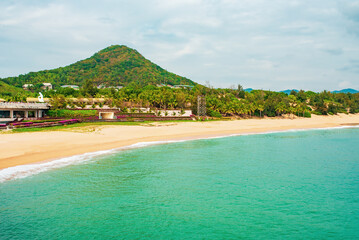 Nanshan Buddhism Cultural Zone. View of the beach on the territory of Nanshan Buddhist Culture Park. China, Hainan Island, Sanya