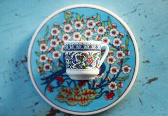 Obraz na płótnie Canvas Turkish Coffee Cup and Ottoman Tile Motifs Photo, Uskudar Istanbul, Turkey