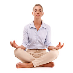 Yoga meditation, relax and business woman meditate for work stress relief, spiritual mental health...