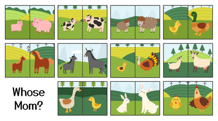 Obraz na płótnie Canvas Whose Mom educational game for kids. Mother and baby matching activity. Farm animals puzzle for preschool children. Funny printable template. Vector illustration