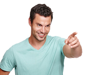 Fototapeta premium Man, face and happy vision pointing finger for advertising, marketing mockup and product suggestion in white background. Handsome person, confident smile and point hands or laugh isolated in studio