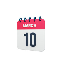 March Realistic Calendar Icon 3D Illustration Date March 10