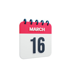 March Realistic Calendar Icon 3D Illustration Date March 16