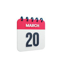 March Realistic Calendar Icon 3D Illustration Date March 20