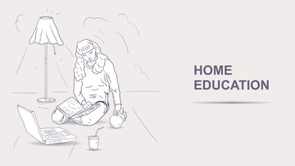 A girl with a book on her lap takes an apple in her hand a contoured black and white illustration in the style of a doodle