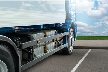 Fototapeta na wymiar Electric truck with batteries. Clean transportation concept