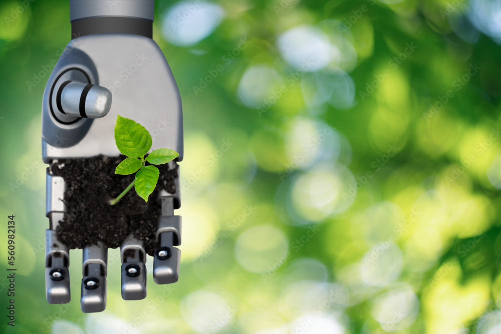 Aufkleber robot arm with a plant. digital transformation in agriculture and smart farming