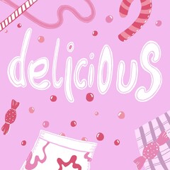 delicious inscription on a pink background with sweets