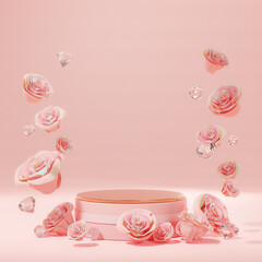Pink Rose Petals and Diamond Floating Single Podium Product Display Wedding Valentine 3D Render - 560982182