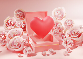 Opening Box of Love Between Pink Rose Petals and Diamond Wedding Valentine Concept 3D Render © natanaelginting