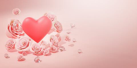 Big Heart Between Pink Rose Petals and Diamond Banner Template Copy Space 3D Render - 560982192