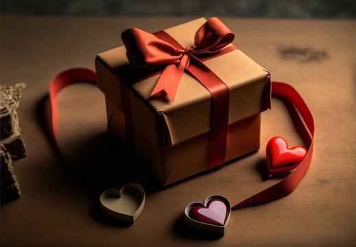A handmade Valentine's Day gift box sits on a table, adorned with a beautiful red ribbon and sweet hearts. generative ai
