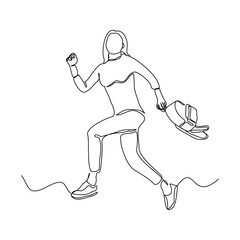 continuous single one line drawing art of college campus happy student woman jumping with bag backpack. vector illustration