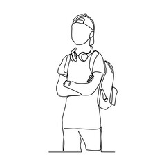 Continuous single one line drawing art of college campus student man with bag backpack. Vector illustration