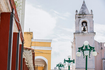 Afternoon view of the Spanish Colonial buildings and historic church of Tlacotalpan, Verzcruz, Mexico.