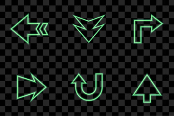 Neon Right Arrows green vector icons set. Realistic glowing pointers on transparent background. Location indicator for casino, bar, cinema, night club and motel, isolated symbols pack.