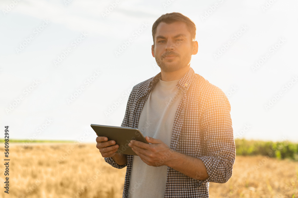 Poster farmer examines the field of cereals and sends data to the cloud from the tablet. smart farming and 