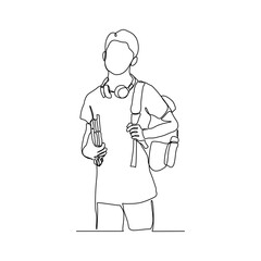 Continuous single one line drawing art of college campus student man with bag backpack and books. Vector illustration