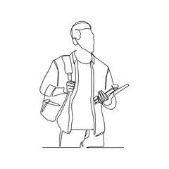 Continuous single one line drawing art of college campus student man with bag backpack and books. Vector illustration