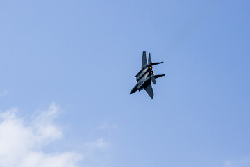 MAKS-2011 on territory of airfield LII im. Gromov. American twin-engine supersonic fighter of fourth generation McDonnell-Douglas F-15 "Eagle" Eagle) in flight. Zhukovsky, Russia August 16, 2011