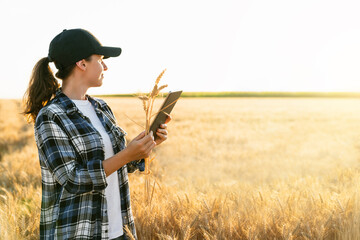 A woman farmer examines the field of cereals and sends data to the cloud from the tablet. Smart...
