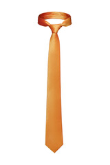 Close-up shot of an elegant orange tie made out of silky ribbed fabric. The orange textured tie is...