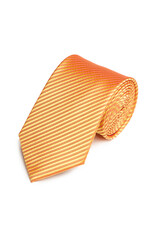 Close-up shot of an elegant orange tie made out of silky ribbed fabric. The orange textured tie is...