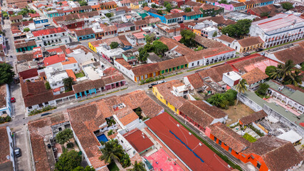 Fototapeta premium Afternoon aerial view of the historic Spanish Colonial buildings of Tlacotalpan, Verzcruz, Mexico.