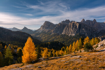 Landscape of beautiful autumn picturesque Cinque torri mountains